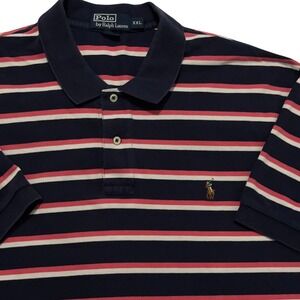Polo Ralph Lauren Mens XXL Navy Pink White Striped Cotton Pique Polo Shirt